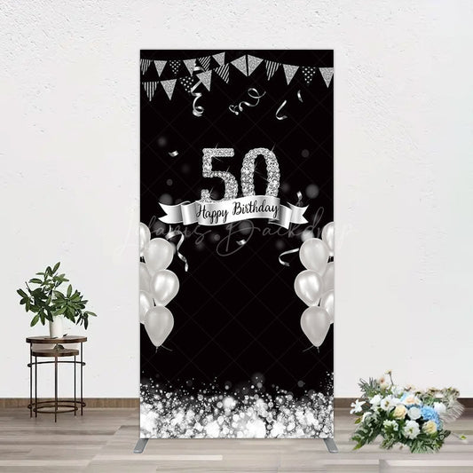 Lofaris Silver Glitter Balloon 50 Birthday Rectangle Backdrop