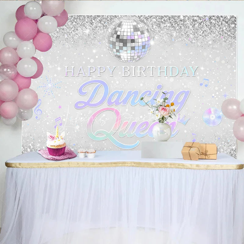 Lofaris Silver Glitter Disco Ball Dancing Queen Happy Birthday Backdrop Iridescent Music Notes Party Decor