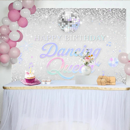 Lofaris Silver Glitter Disco Ball Dancing Queen Happy Birthday Backdrop Iridescent Music Notes Party Decor