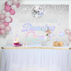 Lofaris Silver Glitter Disco Ball Dancing Queen Happy Birthday Backdrop Iridescent Music Notes Party Decor