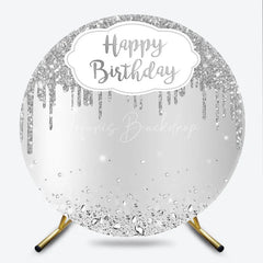 Lofaris Silver Glitter Happy Birthday Round Backdrop Shimmery Celebration Party Decor Photo Booth Wall