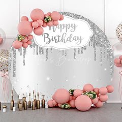 Lofaris Silver Glitter Happy Birthday Round Backdrop Shimmery Celebration Party Decor Photo Booth Wall