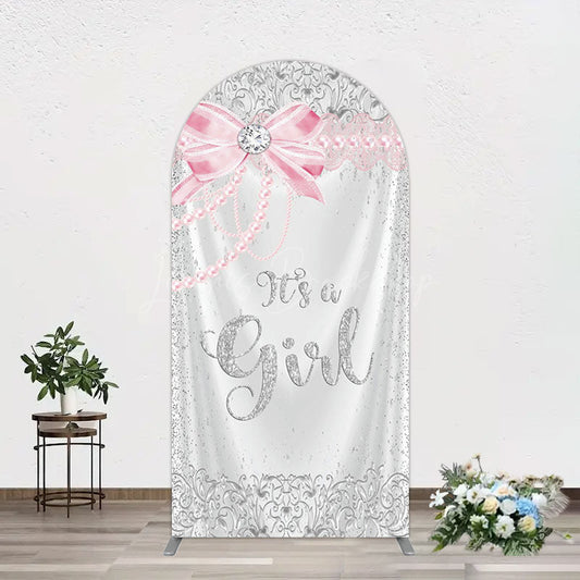 Lofaris Silver Glitter Pink Bow Its A Girl Arch Backdrop