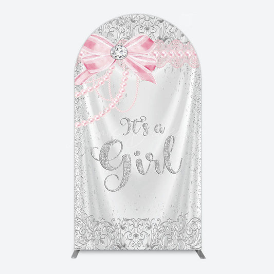 Lofaris Silver Glitter Pink Bow Its A Girl Arch Backdrop