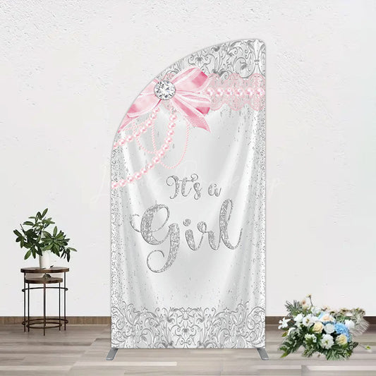 Lofaris Silver Glitter Pink Bow Its A Girl Half Moon Arch Backdrop