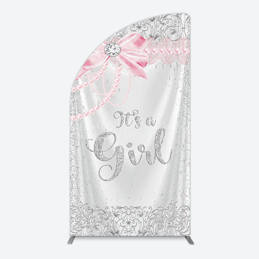 Lofaris Silver Glitter Pink Bow Its A Girl Half Moon Arch Backdrop