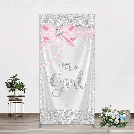 Lofaris Silver Glitter Pink Bow Its A Girl Rectangle Backdrop