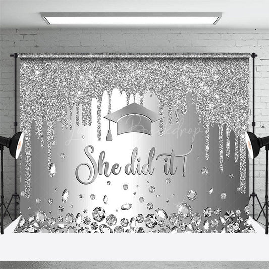 Lofaris Silver Glitter She Did It Cap Congrats Grad Backdrop