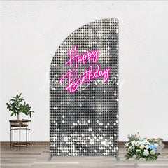 Lofaris Silver Sequin Neon Happy Birthday Half Moon Arch Backdrop Glamorous Pink Party Decoration Photo Booth Prop