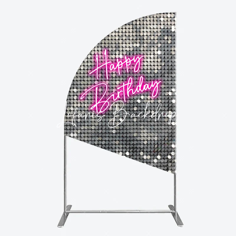 Lofaris Silver Sequin Neon Happy Birthday Half Moon Arch Backdrop Glamorous Pink Party Decoration Photo Booth Prop