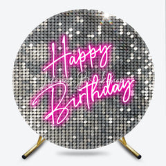 Lofaris Silver Sequin Neon Pink Happy Birthday Round Backdrop Sparkling Glamorous Disco Party Decoration