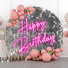Lofaris Silver Sequin Neon Pink Happy Birthday Round Backdrop Sparkling Glamorous Disco Party Decoration