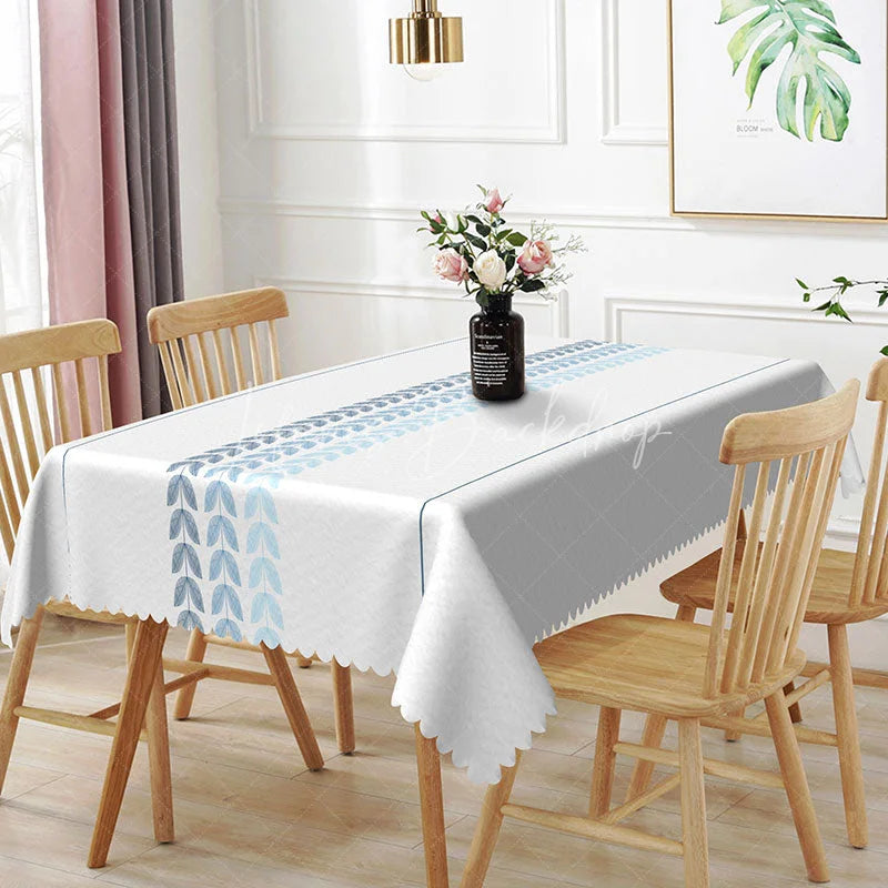 Lofaris Simple Blue Leaf Vine Border Rectangle Tablecloth Elegant Botanical Striped Kitchen Dining Table Cover Decor