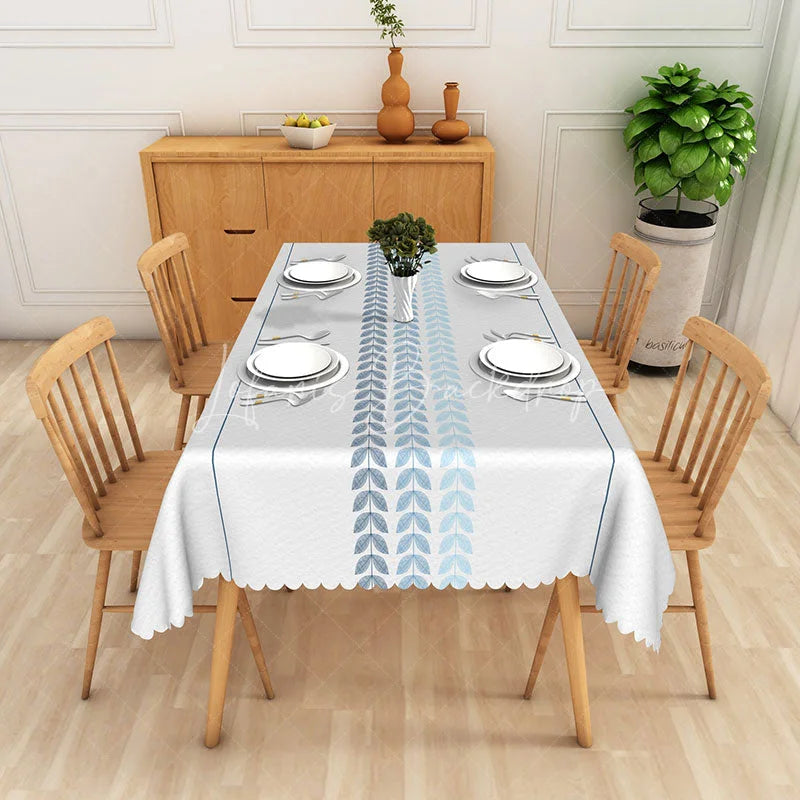 Lofaris Simple Blue Leaf Vine Border Rectangle Tablecloth Elegant Botanical Striped Kitchen Dining Table Cover Decor