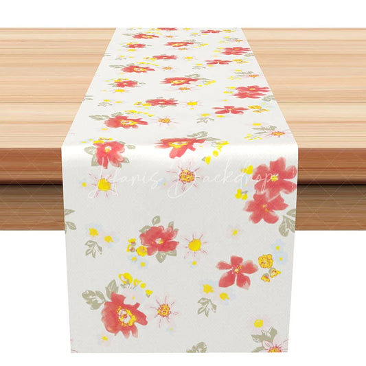 Lofaris Simple Dainty Floral Table Runner Red and Yellow Flowers on White Farmhouse Cottage Style Kitchen Decor