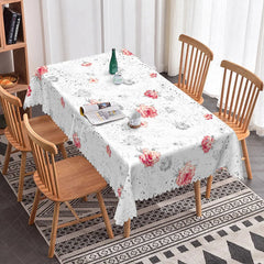 Lofaris Simple Elegant Floral Rectangle Tablecloth Pink and Grey Flowers on White Modern Farmhouse Dining Decor