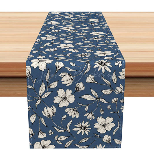 Lofaris Simple Gray and Blue Floral Table Runner Repeating Botanical Pattern with a Modern Vibe Minimalist Kitchen Decor