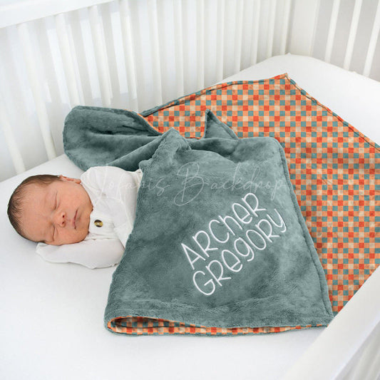 Lofaris Simple Green Orange Checkered Minky Baby Blanket