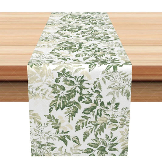 Lofaris Simple Greenery Table Runner Botanical Leaf Print on White Modern Farmhouse Kitchen Dining Decor