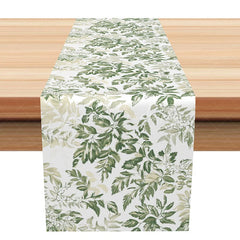 Lofaris Simple Greenery Table Runner Botanical Leaf Print on White Modern Farmhouse Kitchen Dining Decor