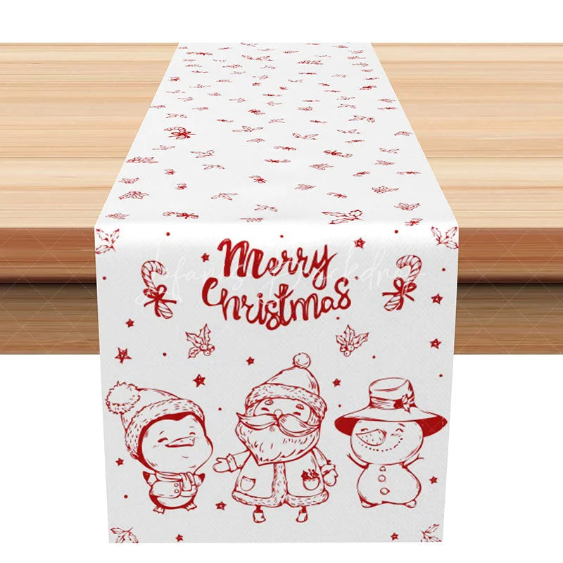 Lofaris Simple Red Christmas Character Table Runner Santa Snowman and Penguin Minimalist Holiday Decor
