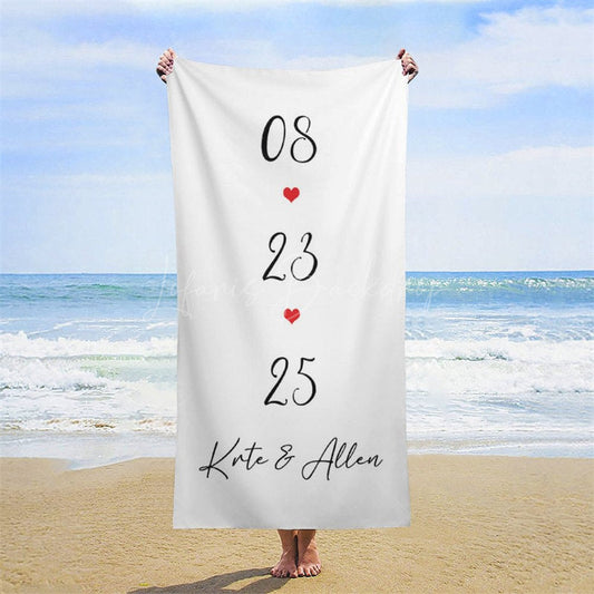 Lofaris Simple Red Heart Custom Est Name Beach Towel For Summer