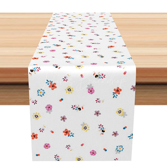 Lofaris Simple Spring Table Runner with Colorful Floral Print on White for Everyday Kitchen and Dining Decor