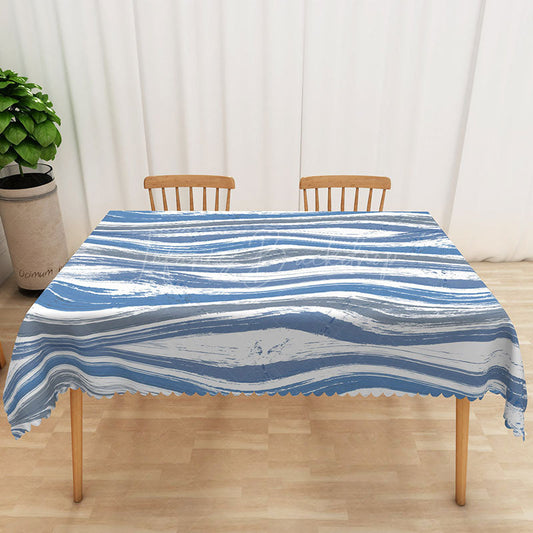 Lofaris Simple White Rectangle Tablecloth with Blue and Gray Water Ripples for Coastal Minimalist Decor