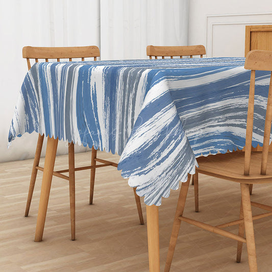 Lofaris Simple White Rectangle Tablecloth with Blue and Gray Water Ripples for Coastal Minimalist Decor