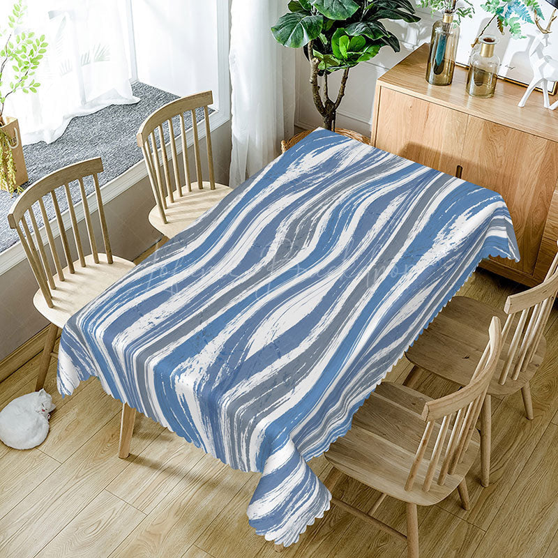 Lofaris Simple White Rectangle Tablecloth with Blue and Gray Water Ripples for Coastal Minimalist Decor