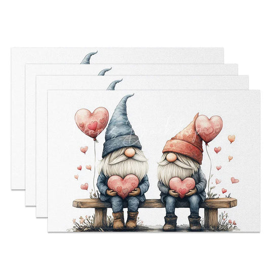 Lofaris Sitting Gnome Heart Balloon Set of 4 Placemats Red Blue Hat Valentine Decoration Cute Couple Dining Table Mat
