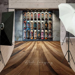 Lofaris Skateboard Shop Wall Sweep Photography Backdrop Urban Street Skate Deck Wood Floor Photo Background