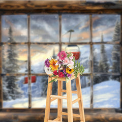 Lofaris Ski Lodge Cabin Window Photography Backdrop Snowy Mountain and Lift View Rustic Winter Holiday Background