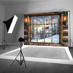Lofaris Ski Lodge Cabin Window Photography Backdrop Snowy Mountain and Lift View Rustic Winter Holiday Background