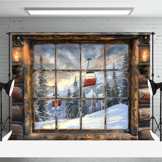 Lofaris Ski Lodge Cabin Window Photography Backdrop Snowy Mountain and Lift View Rustic Winter Holiday Background