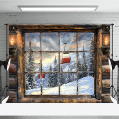 Lofaris Ski Lodge Cabin Window Photography Backdrop Snowy Mountain and Lift View Rustic Winter Holiday Background