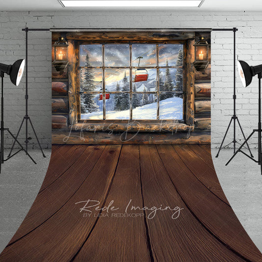 Lofaris Ski Lodge Cabin Window Sweep Backdrop Snowy Mountain and Lift View Rustic Winter Holiday Floor Drop
