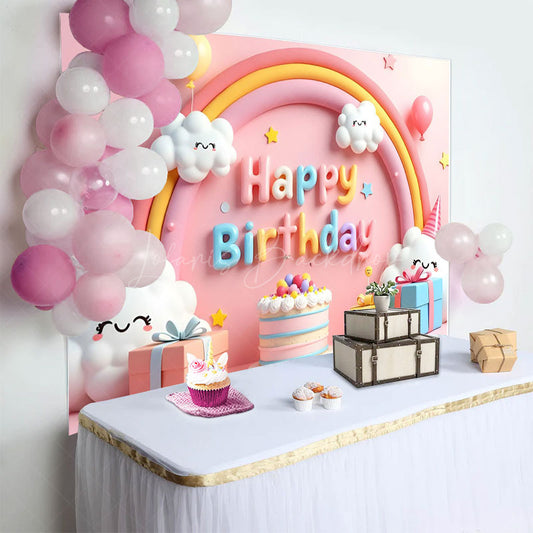 Lofaris Smile Lovely Clouds Rainbow Cake Birthday Backdrop