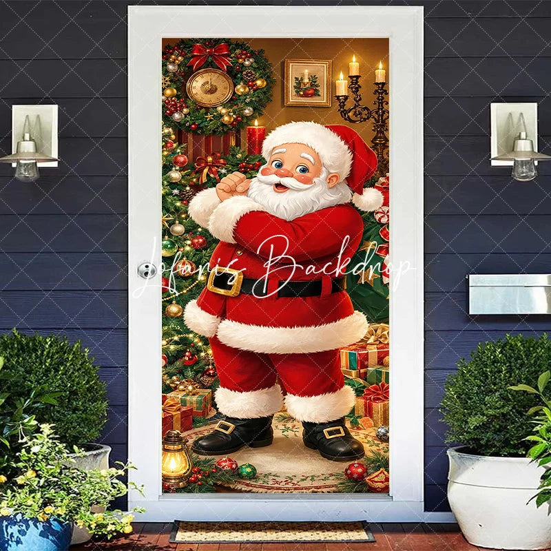 Lofaris Smiling Santa Claus and Decorated Christmas Tree with Presents Holiday Door Cover Festive Winter Decor