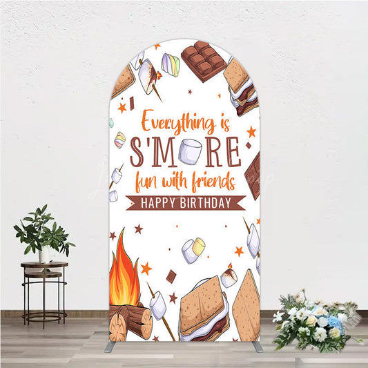 Lofaris S’more Fun Birthday Arch Backdrop Camping Campfire and Marshmallow Theme Outdoor Party Photo Booth Decor for Kids