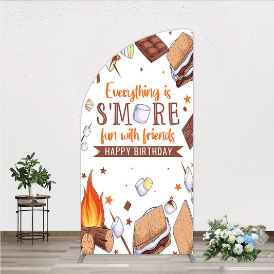 Lofaris S’more Fun Birthday Half Moon Arch Backdrop Camping Campfire and Marshmallow Theme Outdoor Party Photo Booth Decor for Kids