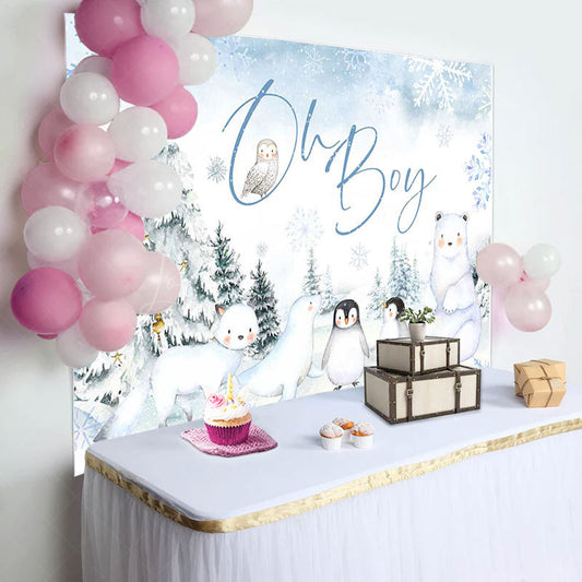 Lofaris Snow Forest Safari Animal Oh Boy Baby Shower Backdrop