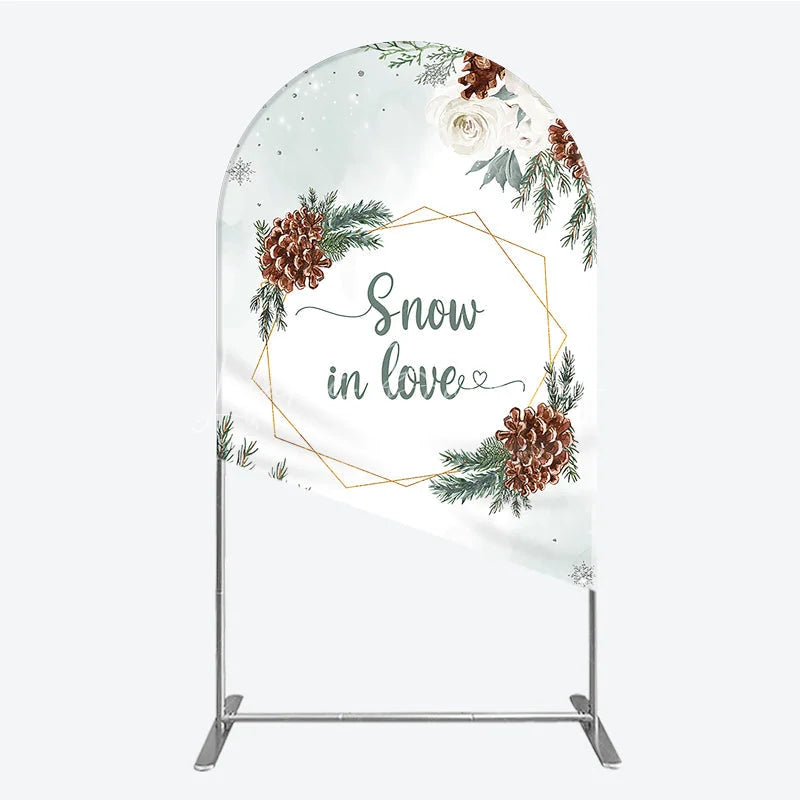 Lofaris Snow in Love Arch Backdrop for Winter Wedding Bridal Shower with Pinecones White Roses and Snowflakes Decor
