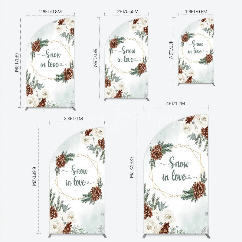 Lofaris Snow in Love Half Moon Arch Backdrop for Winter Wedding Bridal Shower with Pinecones White Roses and Snowflakes Decor
