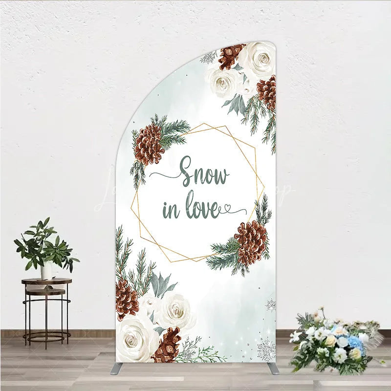 Lofaris Snow in Love Half Moon Arch Backdrop for Winter Wedding Bridal Shower with Pinecones White Roses and Snowflakes Decor