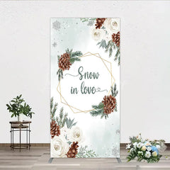 Lofaris Snow in Love Rectangle Backdrop for Winter Wedding Bridal Shower with Pinecones White Roses and Snowflakes Decor