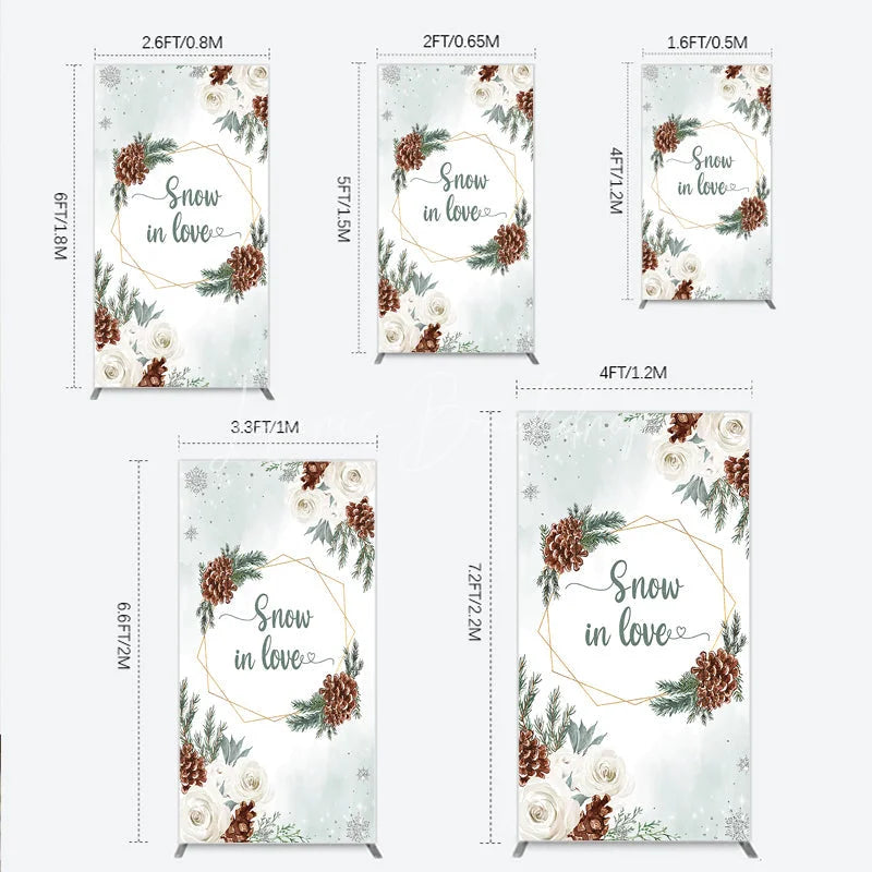 Lofaris Snow in Love Rectangle Backdrop for Winter Wedding Bridal Shower with Pinecones White Roses and Snowflakes Decor