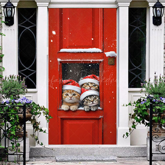 Lofaris Snow Red Door Santa Cat Christmas Tree Door Cover