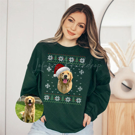 Lofaris Snowflake Pet Photo Christmas Sweatshirt Custom Dog Cat Lover Holiday Pullover Personalized Family Pawrents Gift
