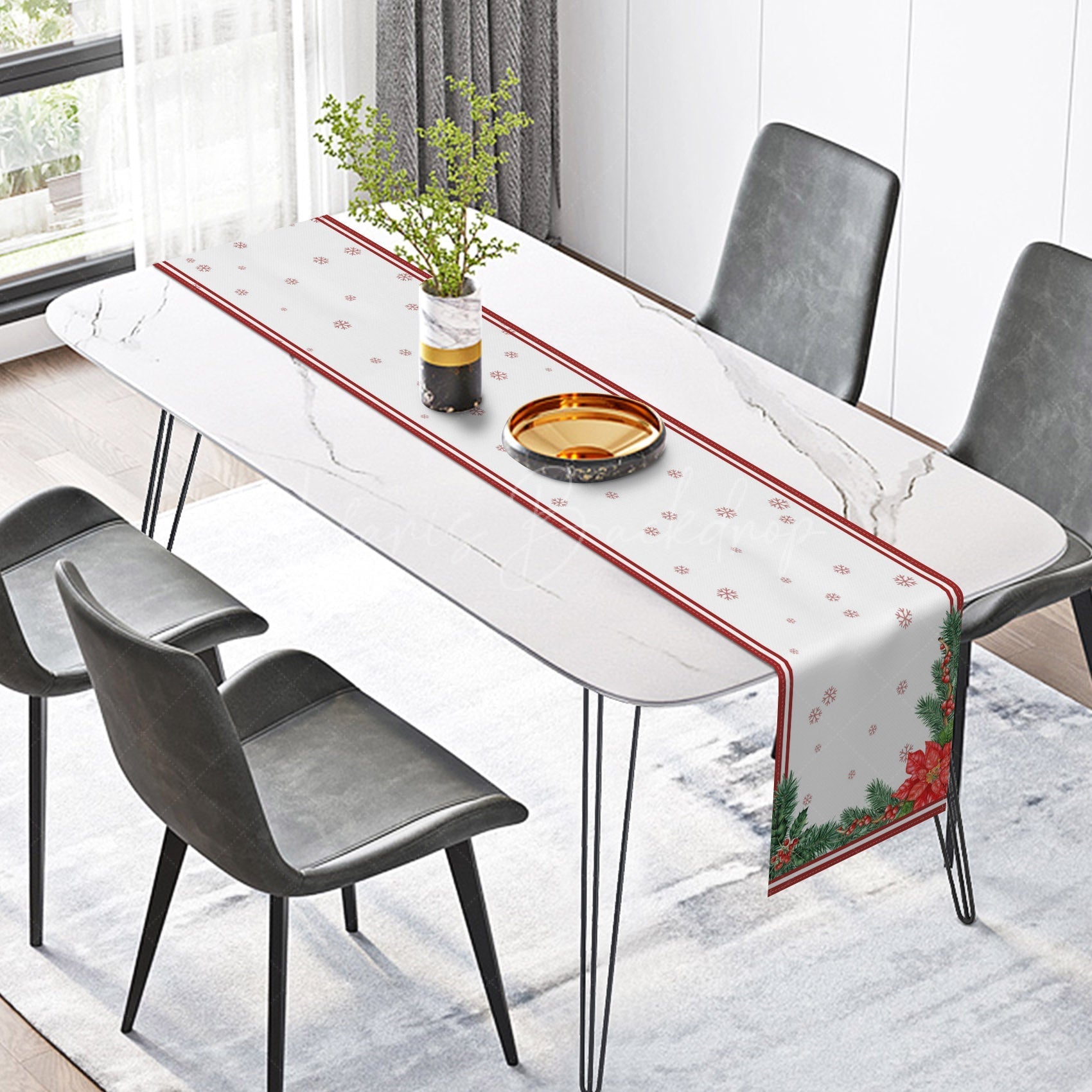 Lofaris Snowflakes Poinsettia Cherry White Xmas Table Runner